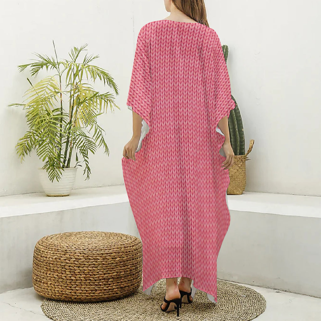 Pink Knitted Pattern Print Silk V-Neck Kaftan Dress