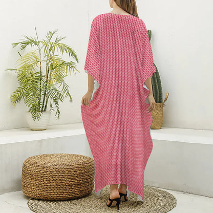 Pink Knitted Pattern Print Silk V-Neck Kaftan Dress