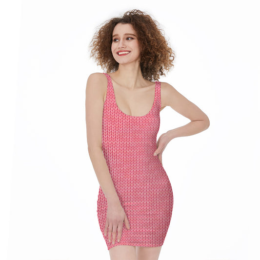 Pink Knitted Pattern Print Sleeveless Bodycon Dress