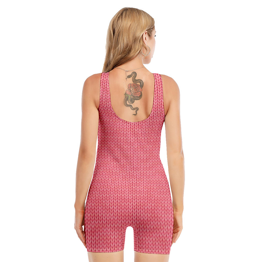 Pink Knitted Pattern Print Sleeveless One Piece Swimsuit
