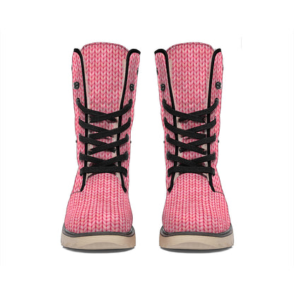 Pink Knitted Pattern Print Winter Boots
