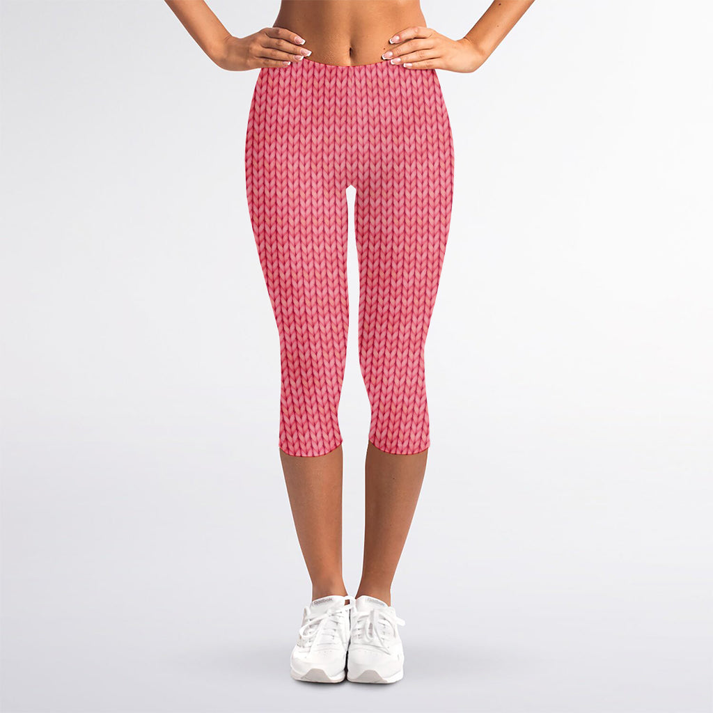 Pink Knitted Pattern Print Women's Capri Leggings