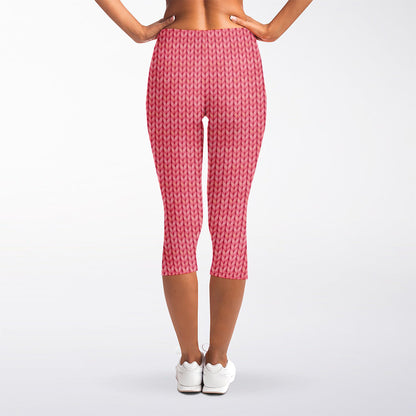 Pink Knitted Pattern Print Women's Capri Leggings