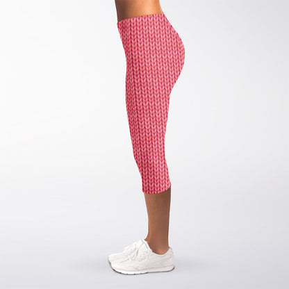 Pink Knitted Pattern Print Women's Capri Leggings