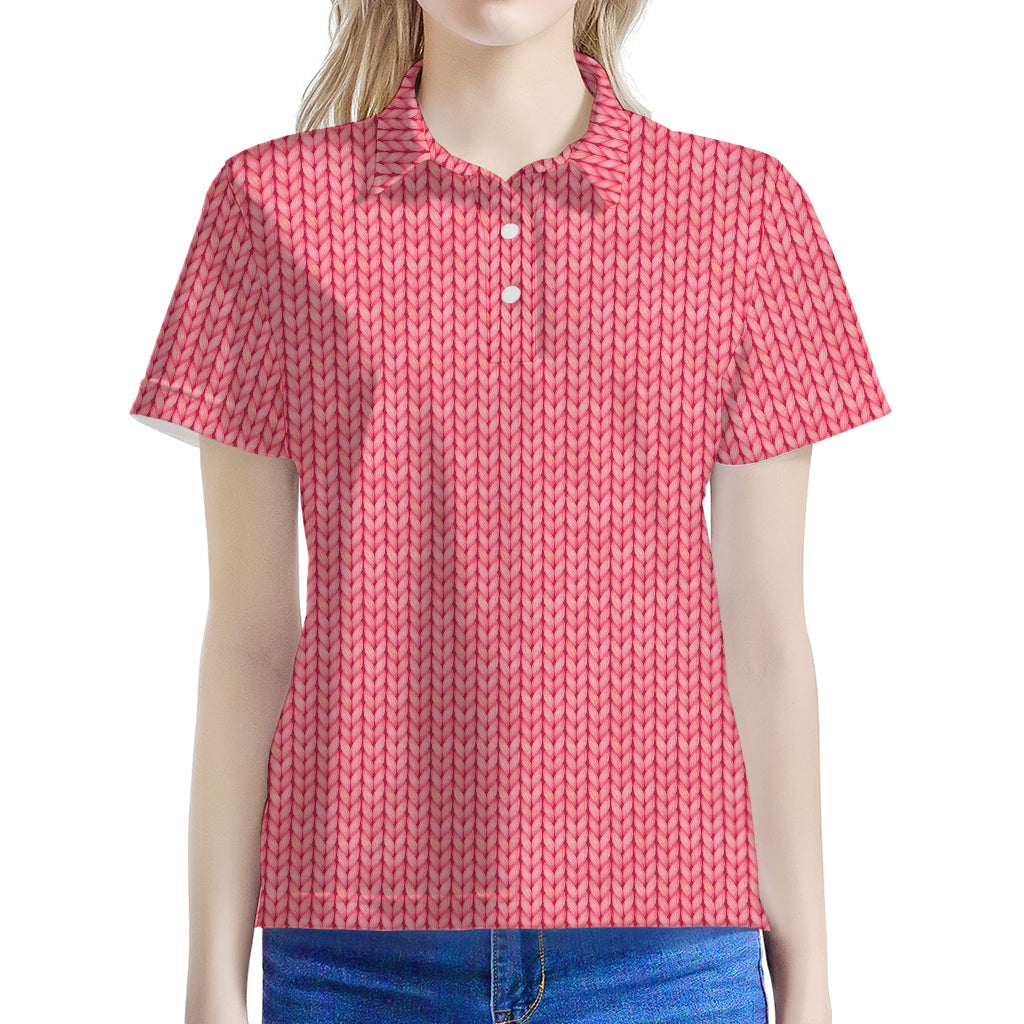 Pink Knitted Pattern Print Women's Polo Shirt