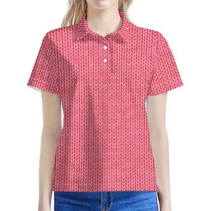Pink Knitted Pattern Print Women's Polo Shirt