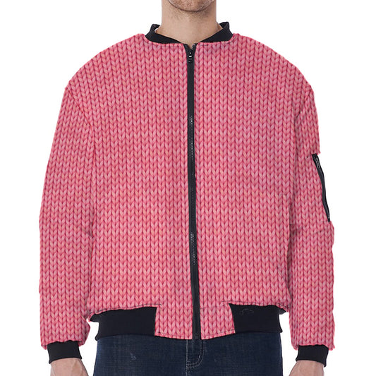 Pink Knitted Pattern Print Zip Sleeve Bomber Jacket