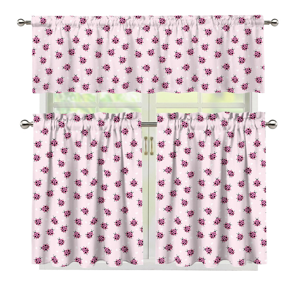 Pink Ladybug Pattern Print 3 Piece Kitchen Curtains