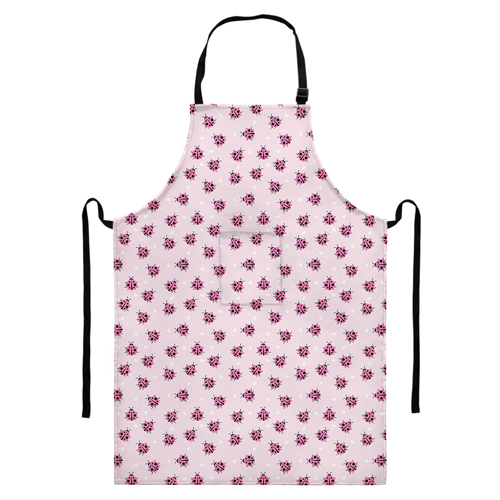 Pink Ladybug Pattern Print Bib Apron With Pocket