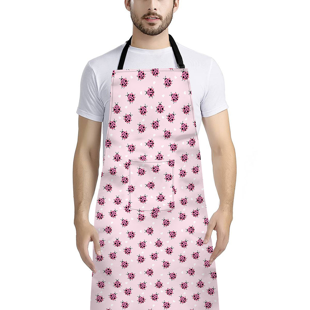 Pink Ladybug Pattern Print Bib Apron With Pocket