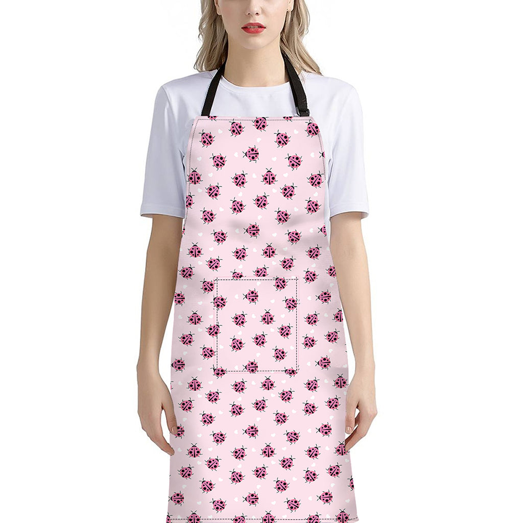 Pink Ladybug Pattern Print Bib Apron With Pocket