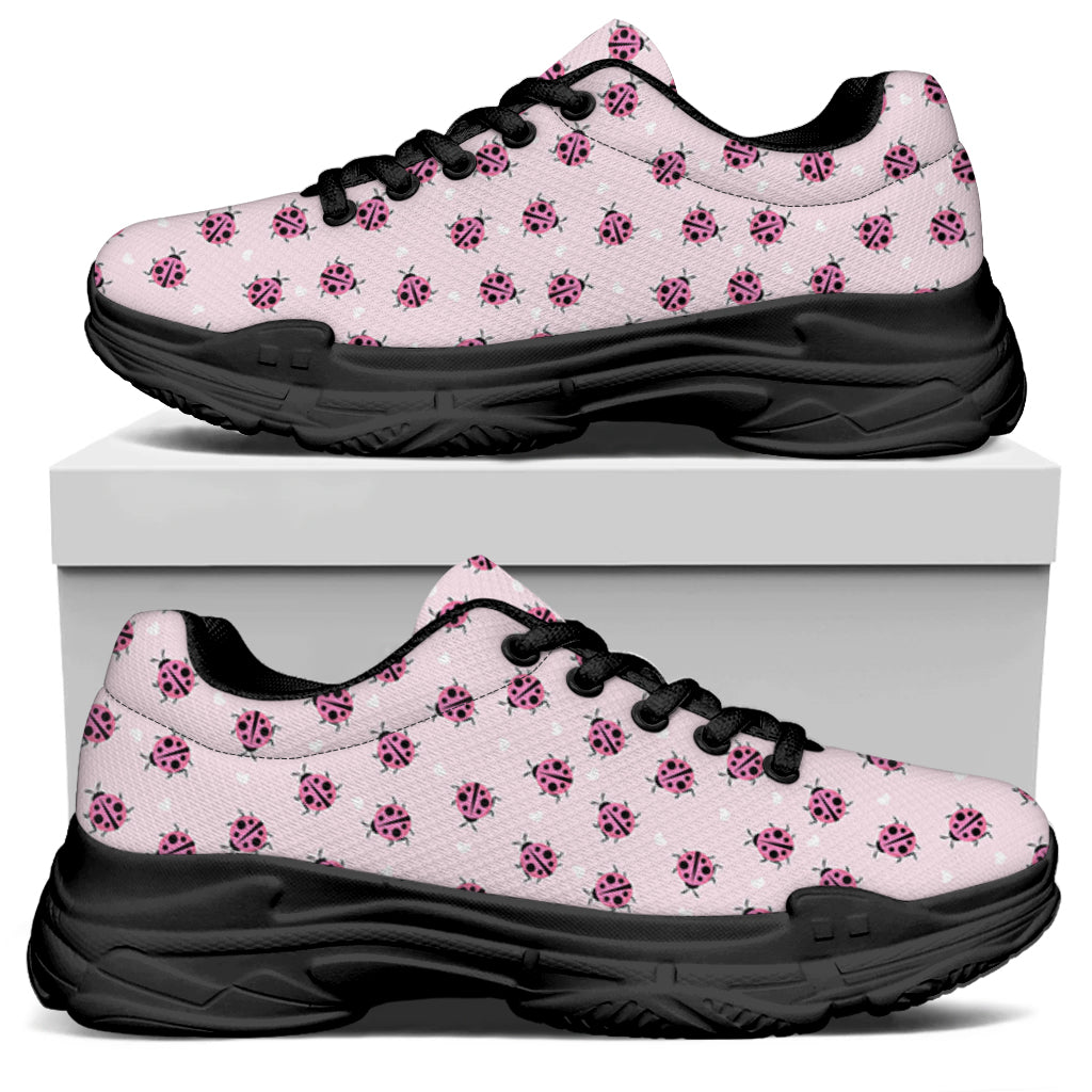 Pink Ladybug Pattern Print Black Chunky Shoes