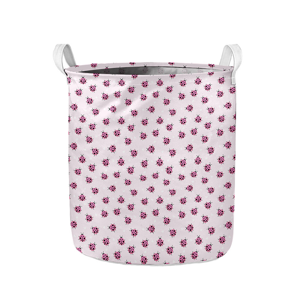 Pink Ladybug Pattern Print Collapsible Laundry Basket