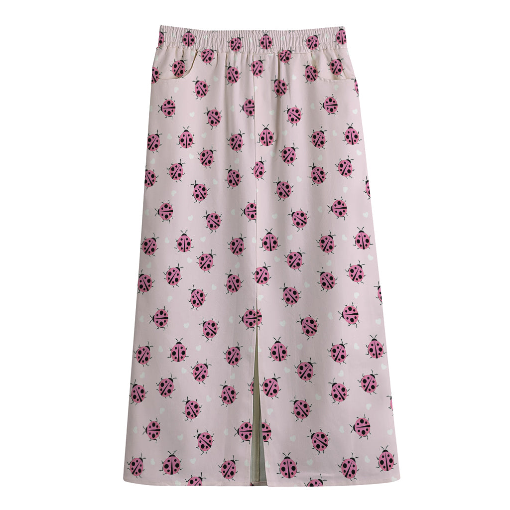 Pink Ladybug Pattern Print Cotton Front Slit Maxi Skirt