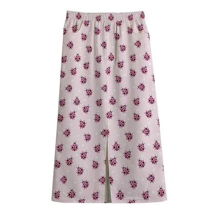Pink Ladybug Pattern Print Cotton Front Slit Maxi Skirt