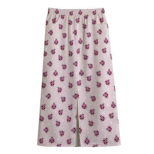 Pink Ladybug Pattern Print Cotton Front Slit Maxi Skirt