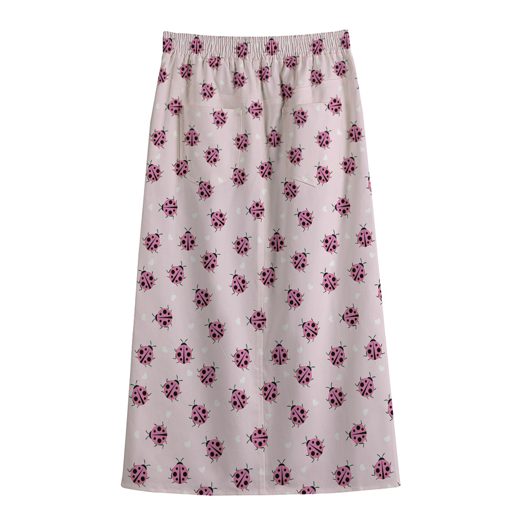 Pink Ladybug Pattern Print Cotton Front Slit Maxi Skirt