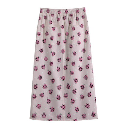 Pink Ladybug Pattern Print Cotton Front Slit Maxi Skirt