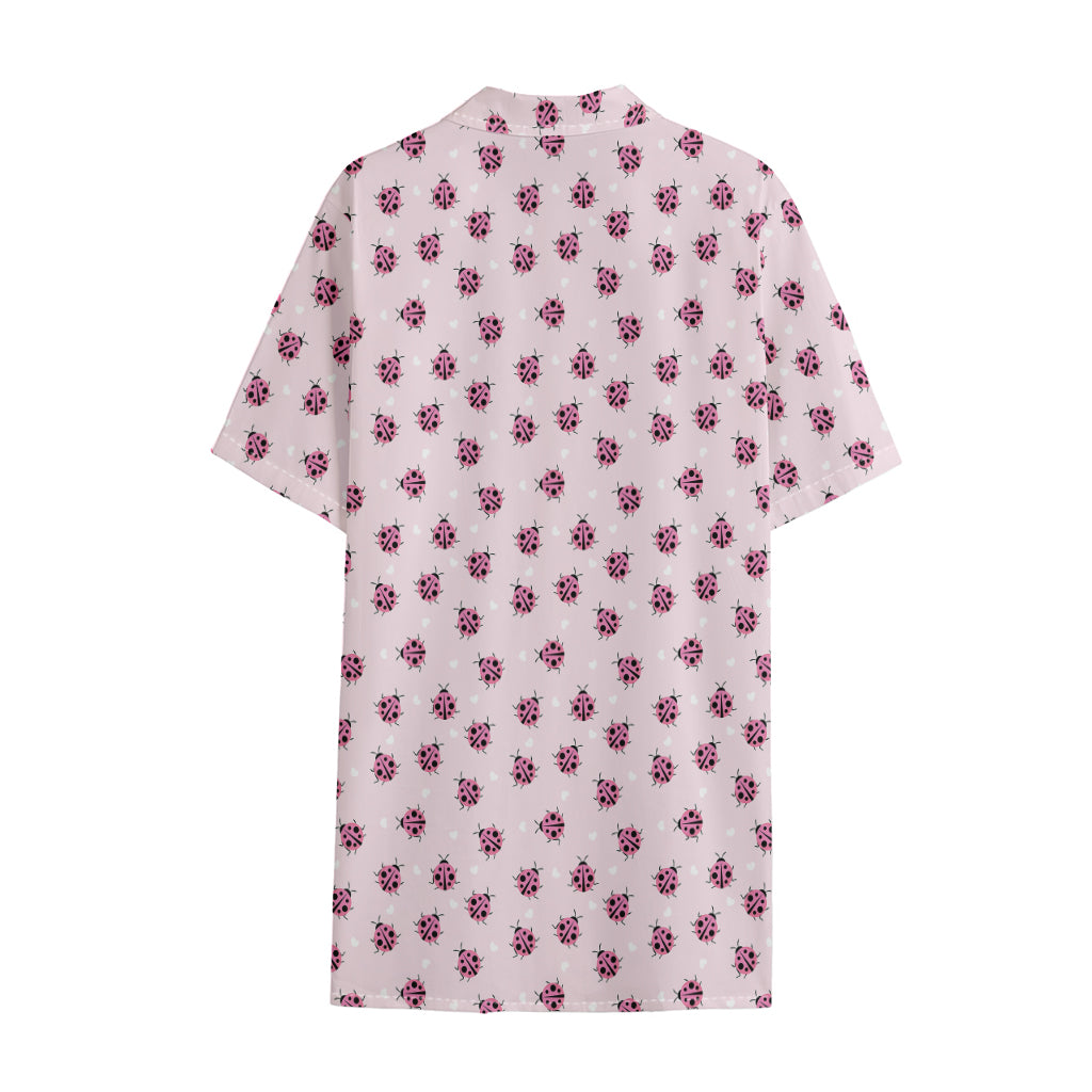 Pink Ladybug Pattern Print Cotton Hawaiian Shirt