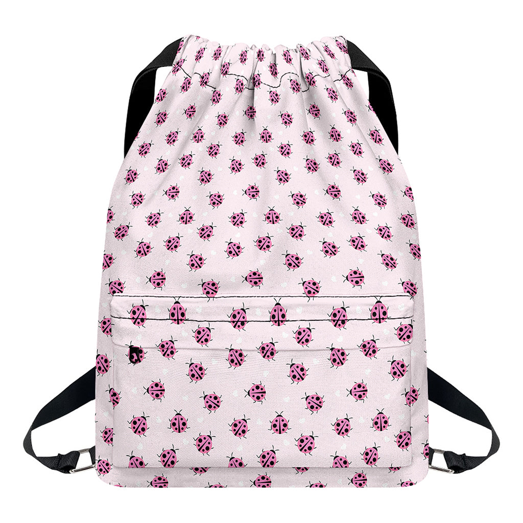 Pink Ladybug Pattern Print Drawstring Backpack