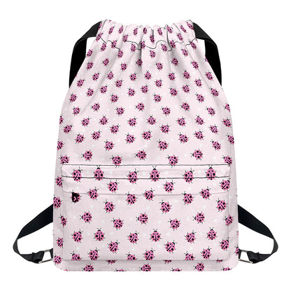 Pink Ladybug Pattern Print Drawstring Backpack