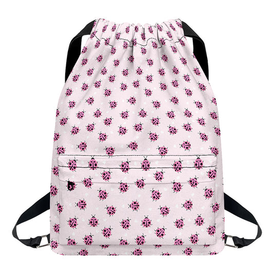 Pink Ladybug Pattern Print Drawstring Backpack