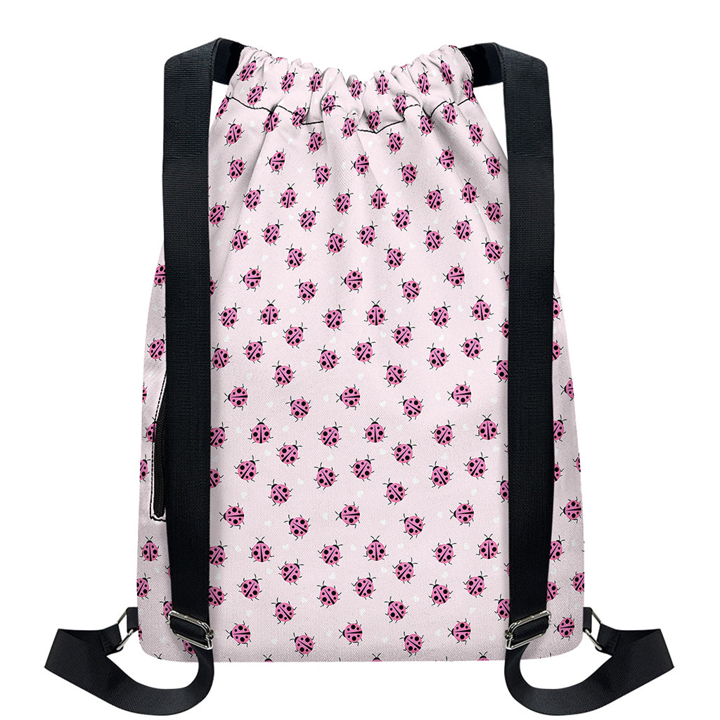Pink Ladybug Pattern Print Drawstring Backpack