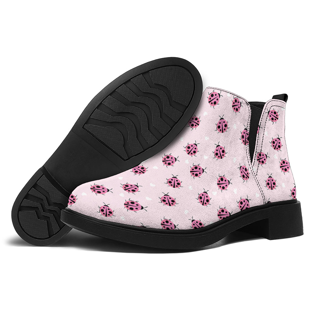 Pink Ladybug Pattern Print Flat Ankle Boots