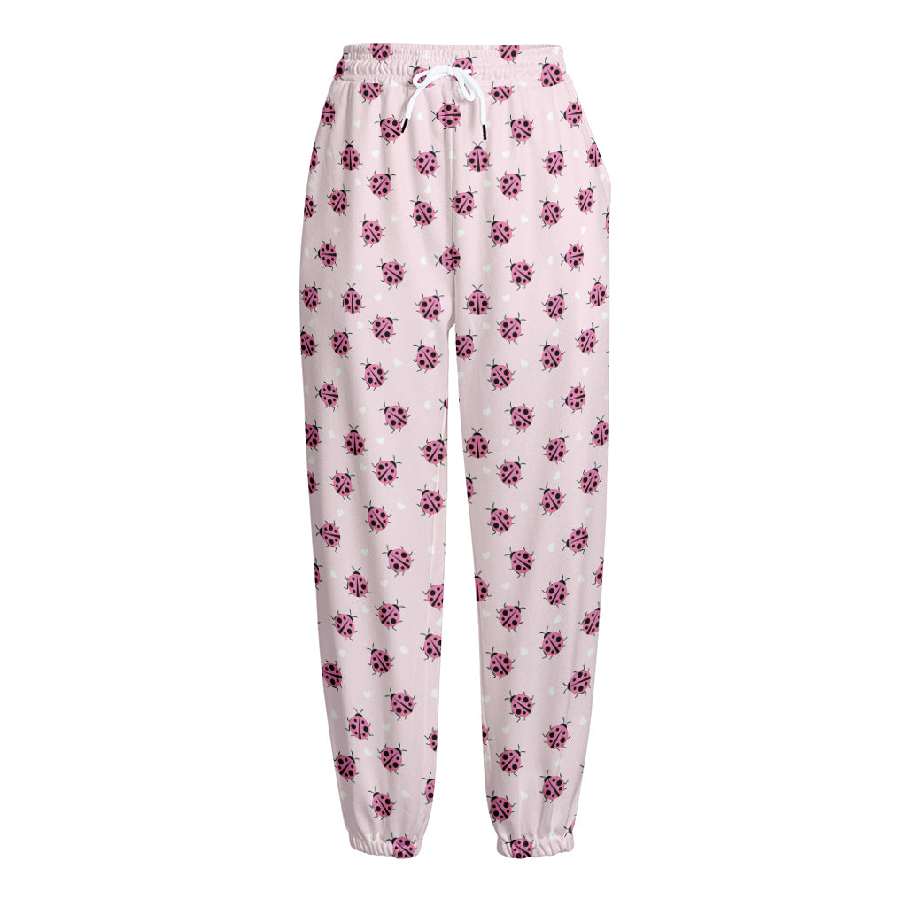 Pink Ladybug Pattern Print Fleece Lined Knit Pants