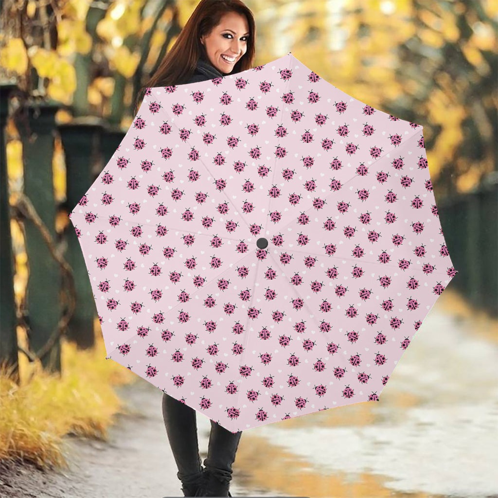Pink Ladybug Pattern Print Foldable Umbrella