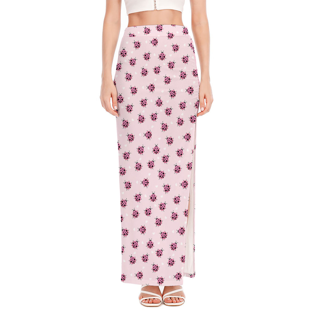 Pink Ladybug Pattern Print High Slit Maxi Skirt