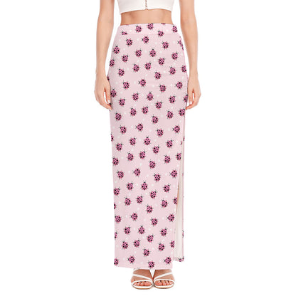 Pink Ladybug Pattern Print High Slit Maxi Skirt