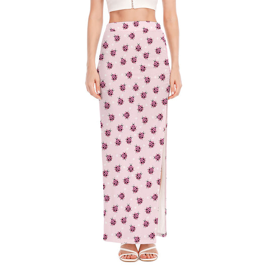 Pink Ladybug Pattern Print High Slit Maxi Skirt