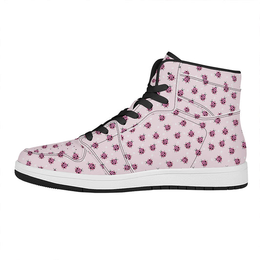 Pink Ladybug Pattern Print High Top Leather Sneakers