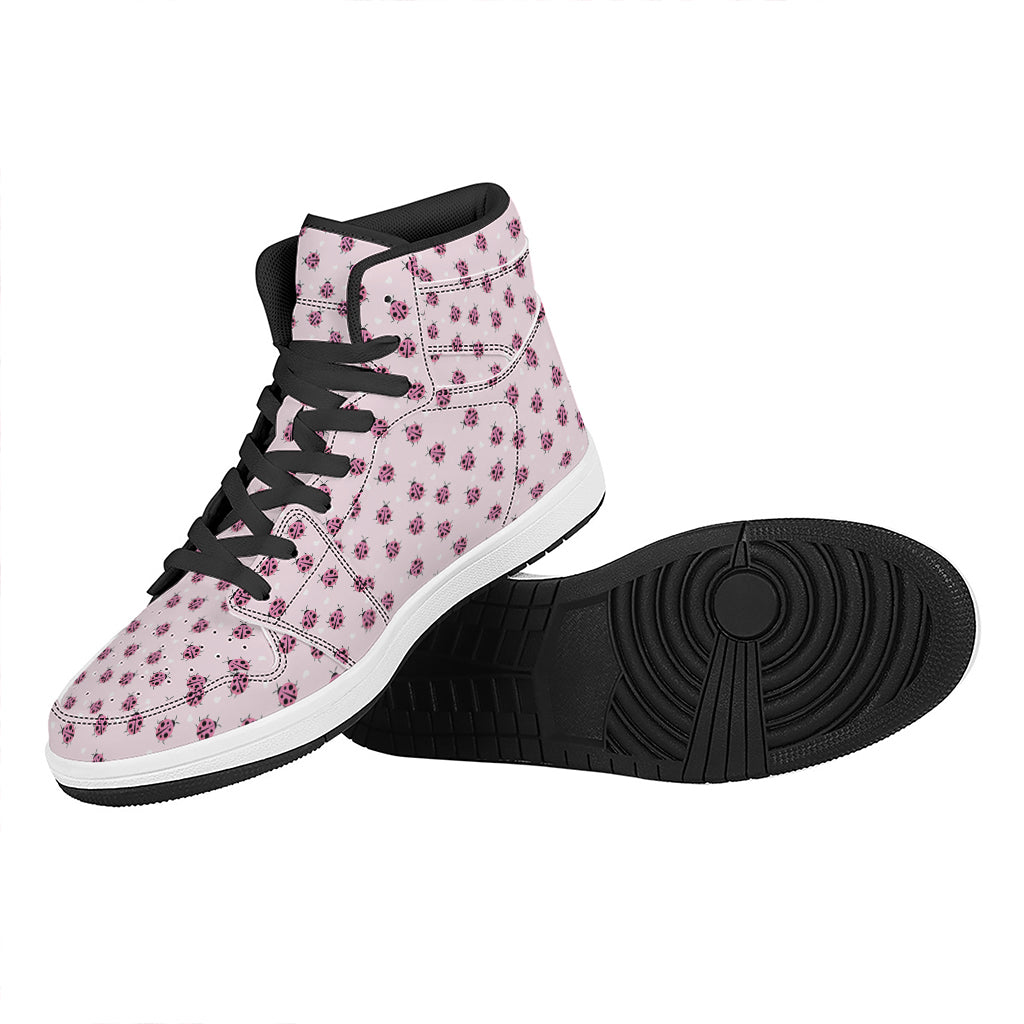 Pink Ladybug Pattern Print High Top Leather Sneakers
