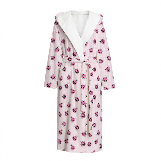 Pink Ladybug Pattern Print Hooded Bathrobe