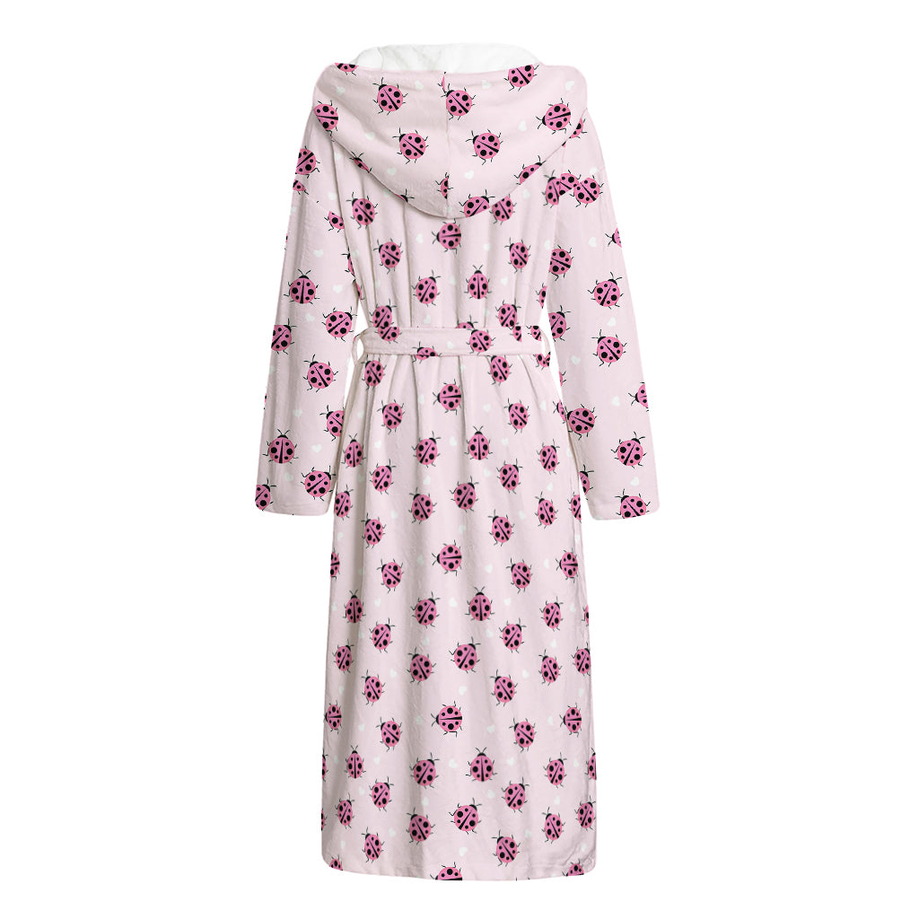 Pink Ladybug Pattern Print Hooded Bathrobe
