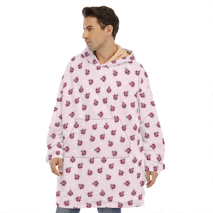 Pink Ladybug Pattern Print Hoodie Blanket