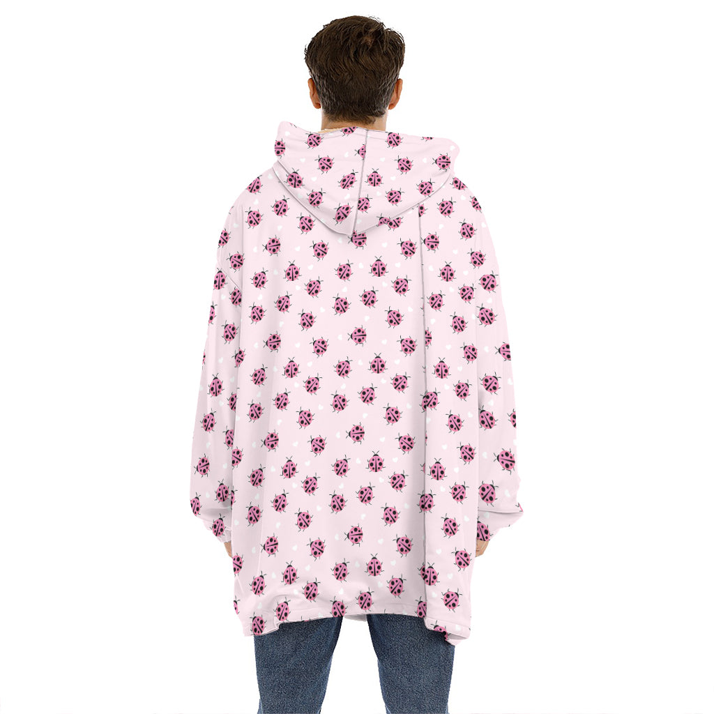 Pink Ladybug Pattern Print Hoodie Blanket