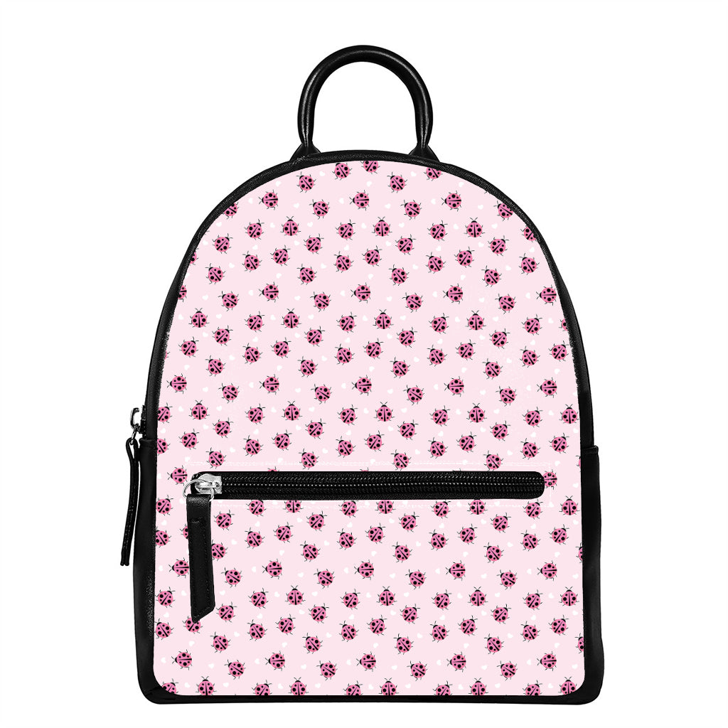 Pink Ladybug Pattern Print Leather Backpack
