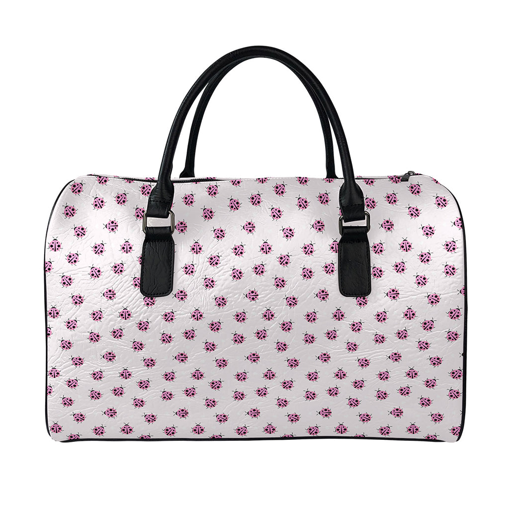 Pink Ladybug Pattern Print Leather Duffle Bag