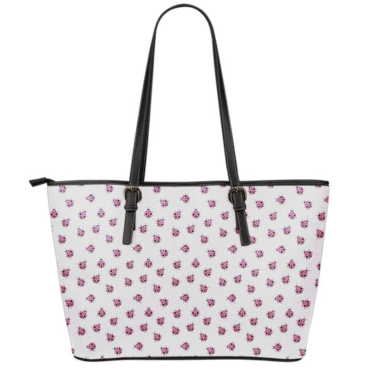 Pink Ladybug Pattern Print Leather Tote Bag