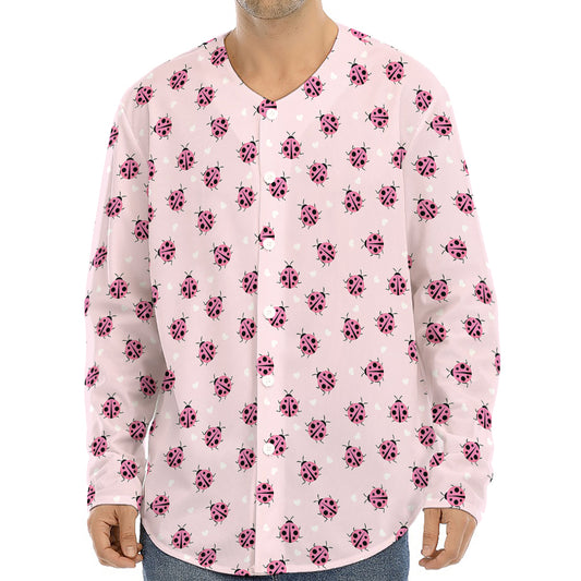 Pink Ladybug Pattern Print Long Sleeve Baseball Jersey