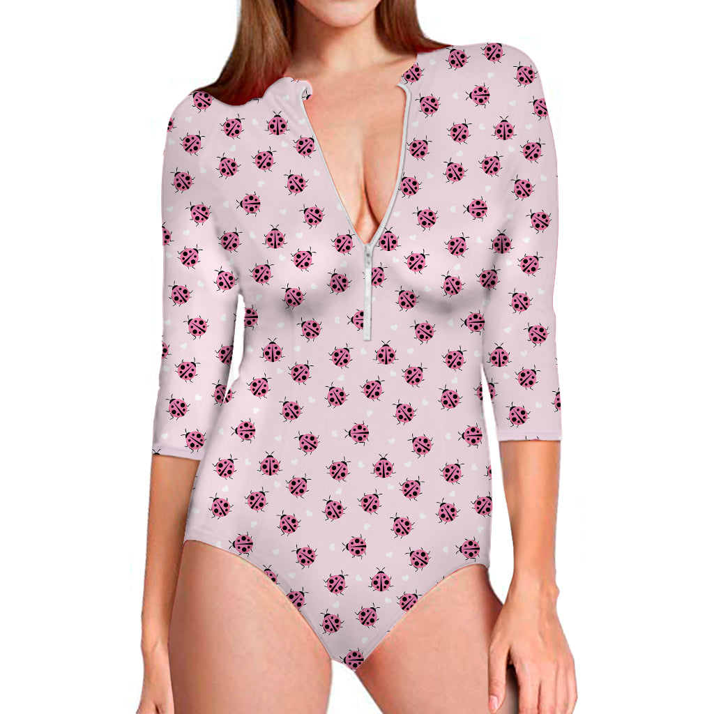 Pink Ladybug Pattern Print Long Sleeve Swimsuit