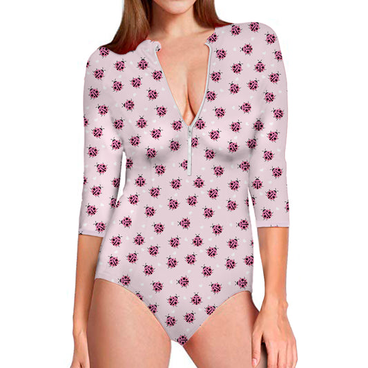 Pink Ladybug Pattern Print Long Sleeve Swimsuit