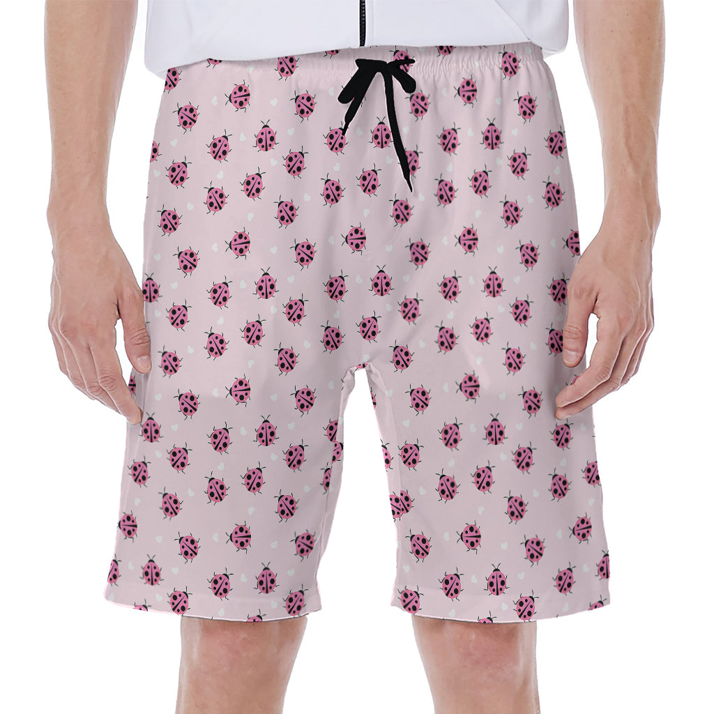 Pink Ladybug Pattern Print Men's Beach Shorts