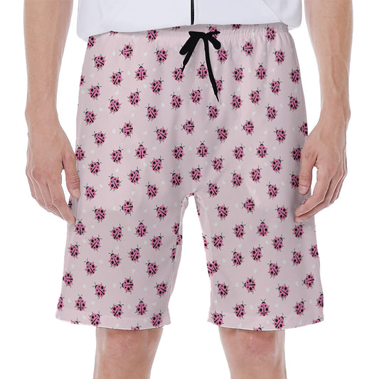 Pink Ladybug Pattern Print Men's Beach Shorts