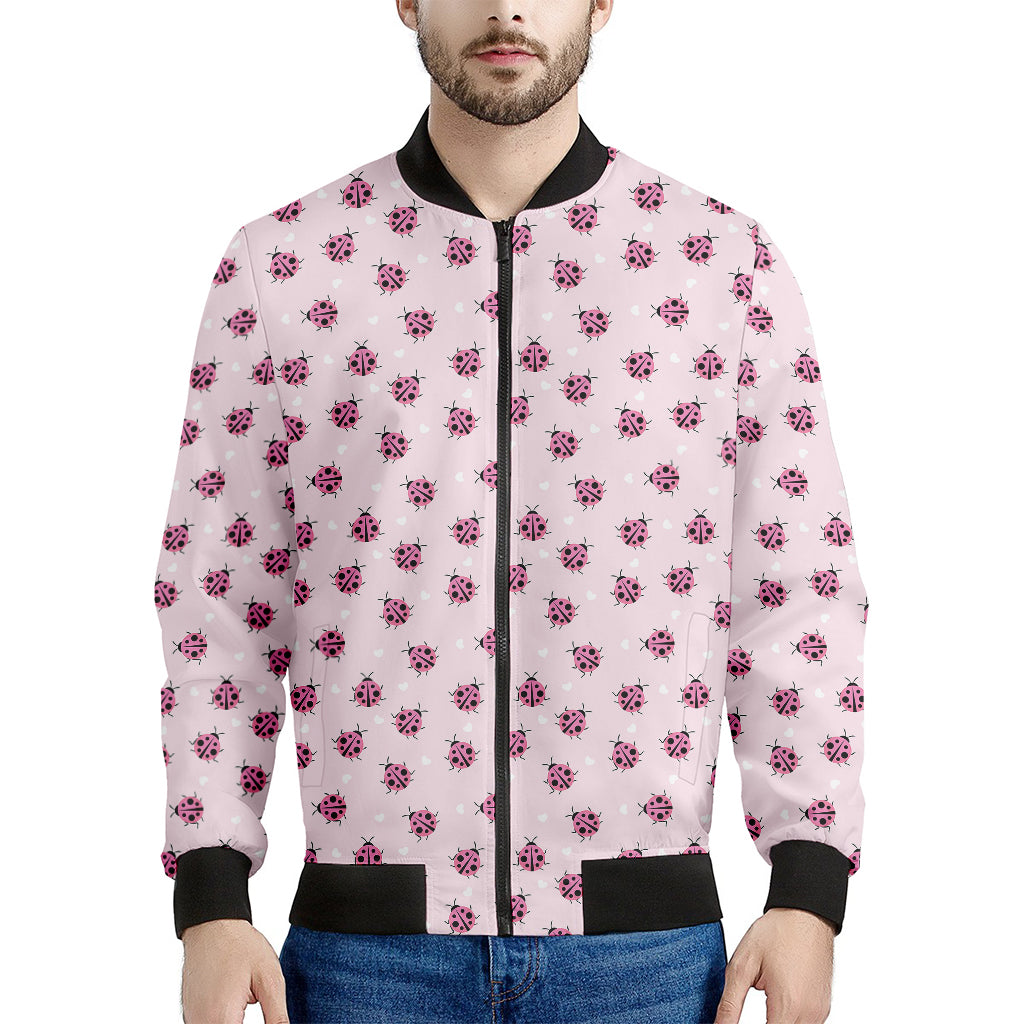 Pink Ladybug Pattern Print Men's Bomber Jacket