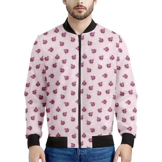 Pink Ladybug Pattern Print Men's Bomber Jacket