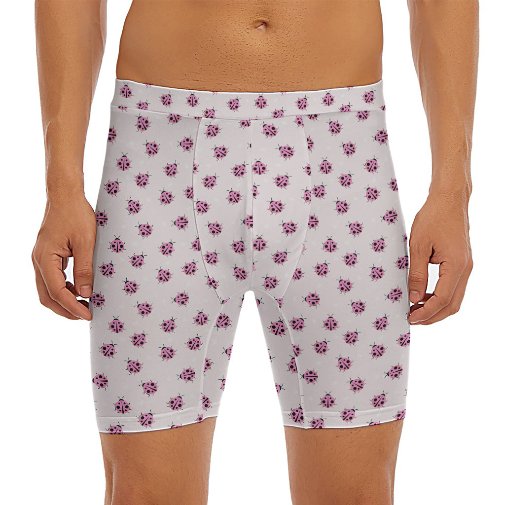 Pink Ladybug Pattern Print Men's Long Boxer Briefs